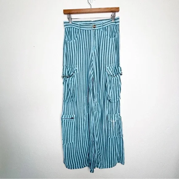 Urban Outfitters Alexandra Blue Green Striped Linen Cargo Pants Size Small - Picture 3 of 13
